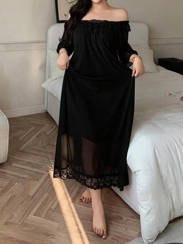 Dazy Plus Plus Size Mesh Contrast Lace Off-Shoulder Loose Sexy Long Nightgown Summer