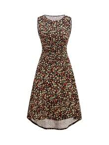 Ellevyn Round Neck Sleeveless Pleated A-Line Dress, Elegant Retro Dress For Daily Wear - Multicolor - View 6