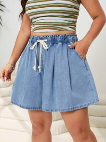 SHEIN CURVE+ 大码女式抽绳腰带口袋宽松休闲牛仔短裤夏季嘉年华服装通勤度假毕业时尚Y2K可爱街头风派对婚礼优雅商务休闲女式浅蓝色牛仔迷你裙时尚休闲弹力腰带伞裙，带可调节抽绳和侧袋 - 藍色 - 查看 8