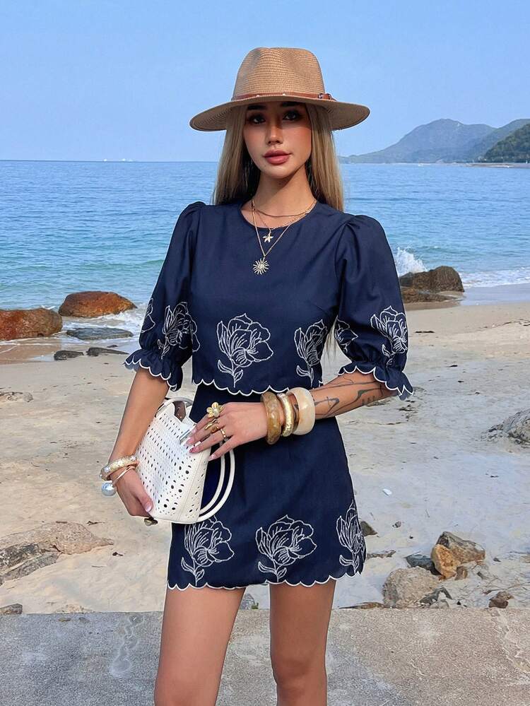 2pcs/Set Women Contrast Embroidered Petal Sleeve Blouse And A-Line Mini Skirt, Casual Holiday Beach Summer Outfit Short Sets For Women