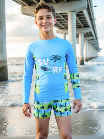 SHEIN Traje de baño para niños talla grande, conjunto de 2 piezas con camiseta de manga larga con estampado de palmeras tropicales y letras, y pantalón corto de natación, casual y elegante, adecuado para vacaciones de verano, natación, playa, piscina y actividades de vacaciones, atuendo casual de playa