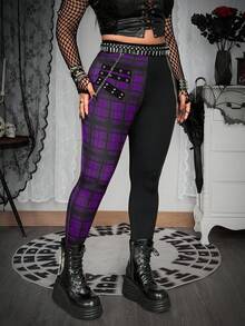 Whyspr 加大码朋克格子拼接镂空弹力腰紧身裤，春夏款 - 紫色 - 查看 3