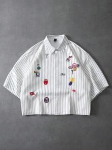 PAVTROS 男士条纹徽章短袖T恤，露脐款式，展现街头潮流风范，是送给男友或朋友的理想街头穿搭单品。 - 白色 - 查看 7