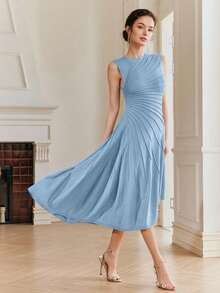 Anewsta Elegant Solid Color Heavyweight Knit Sleeveless Asymmetrical Pleated Sweater Dress, Suitable For Early Spring, Autumn, Formal, Party, Fashionable Occasions - Blue - View 3