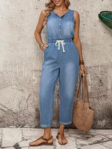 EMERY ROSE 女士纽扣前开抽绳腰带口袋无袖休闲牛仔连体裤夏季嘉年华服装通勤度假毕业时尚Y2K可爱街头风性感派对婚礼优雅商务休闲女士商务海滩毕业复活节无袖牛仔连体裤蓝色抽绳休闲连体裤复活节牛仔套装优雅轻松风格女士牛仔背带裤无袖纽扣前开抽绳腰休闲连体裤连身裤口袋 - 藍色 - 查看 6