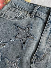 Elamini Váy ngắn denim cạp siêu thấp đính đá và họa tiết ngôi sao. - Màu xanh lam - Xem 4