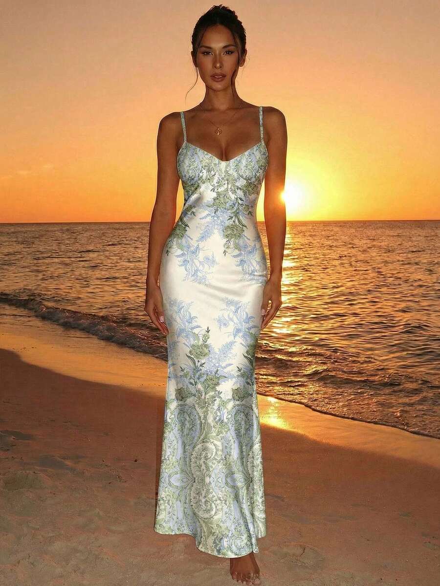 Aloruh Vestido ceñido con tirantes finos y estampado de vid floral elegante y romántico para mujeres, adecuado para la playa, salidas, chic, primavera/verano - Multicolor - Ver 1