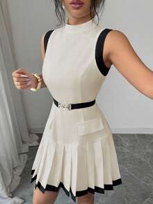 Elenzga Robe sans manches à col montant en tissu tressé avec ceinture à la taille, garniture plissée, ourlet évasé, élégante pour le bureau/décontractée, style vintage, couleur abricot, longueur courte, printemps/été - Multicolore - Voir 3