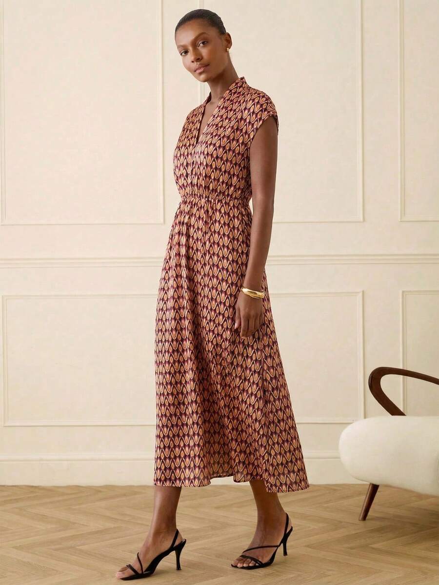 Lilora 女士优雅印花收腰连衣裙，夏季女装，时尚百搭，新款连衣裙，高端时尚，优雅百搭。适合通勤、日常穿着、休闲外出、派对、约会、聚会、休闲活动、郊游、假期、夏季旅行等场合。女士正装连衣裙，优雅经典春季连衣裙，女士优雅连衣裙，女士中长连衣裙，女士几何印花连衣裙 - 彩色 - 查看 1