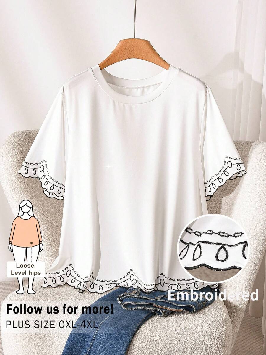 CosyJoli Plus Size Women's Embroidered Sleeve T-Shirt,Black And White Summer Elegant Tea Party,Casual White Short Sleeve Top,Cute Ladies Embroidered Clothing - White - View 1