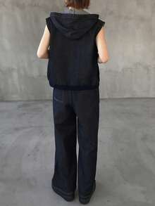 FRIFUL Women's Casual Fashion Street Style Sleeveless Zip-Up Hooded Jacket And Denim Jeans Set, Suitable For Spring, Summer, Autumn - Blue - View 3