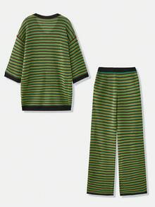 NYA SZN Matching Set (Top & Pant) Top Short Sleeve V Neck Plunge Pant Slim Mini Flare Green Yellow Black Valentine's Day Club Warm Weather NYE New Years Eve Spring Summer Vacation Travel Airport Outfits For Women - Multicolor - View 9