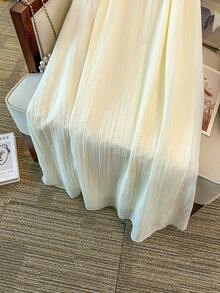 GlowEve CURVE 方领+荷叶袖面料，垂直褶裥纹理，宽松中长款加大码连衣裙，乳白色 - 杏色 - 查看 4