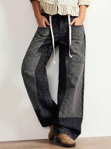Bohemela Quần nữ dáng suông rộng, cạp thấp, chất liệu denim dệt chắp vá, kiểu dáng thường ngày, phối nhiều mảnh vải, đã qua xử lý giặt. - Xám - Xem 3