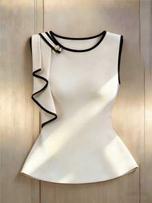 GlowEve 新款女士撞色圆领荷叶边腰身优雅小众设计奢华通勤百搭年轻女士衬衫女式上衣优雅经典办公女式上衣优雅高贵白色女士白色上衣女士工作上衣 - 杏色 - 查看 8