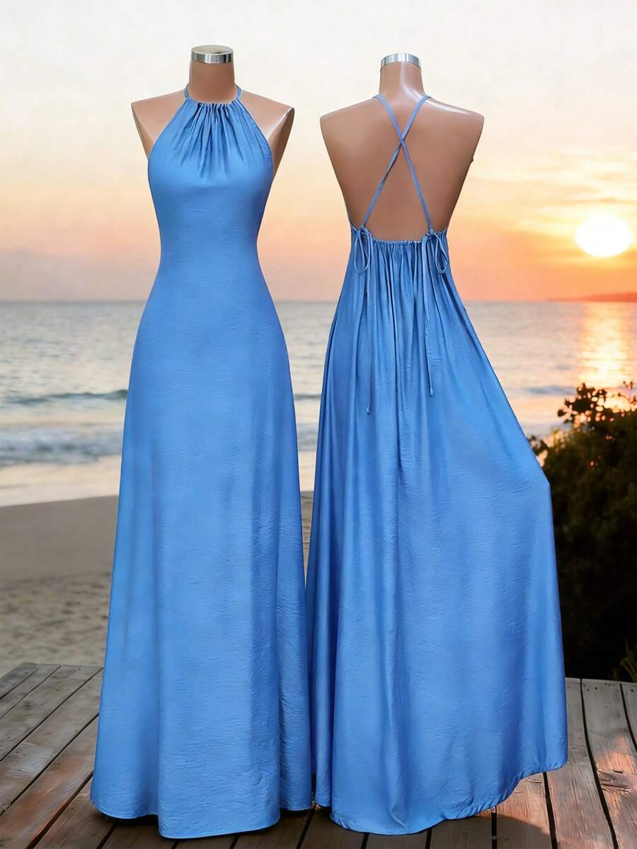 Lunelith SHEIN Lunessa Đầm nữ hở lưng, dây chéo, dáng rộng - Màu xanh lam - Xem 1