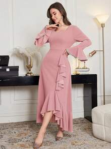 Modelyn Women's Extra Long Flared Sleeve Asymmetrical Ruffle Hem Dress, Autumn,Dusty Pink Dress Elegant Dress For Women Flare Sleeve Dress Dress For Women High Quality Dress Zanea Dress For Woman Ruffle Sleeve Dress Long Sleeve Dress Women Dress Wedding Dinner - Pink - View 6
