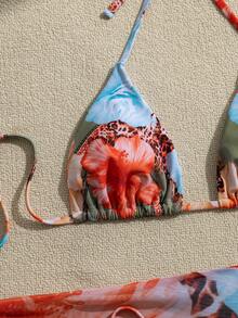 Swim Vcay Women's 3-Piece Summer Vacation Outfit: Random Floral Print Halter Backless Top, Tie-Front Triangle Bottoms, And Mini Mesh Skirt Bikini Set - Multicolor - View 5