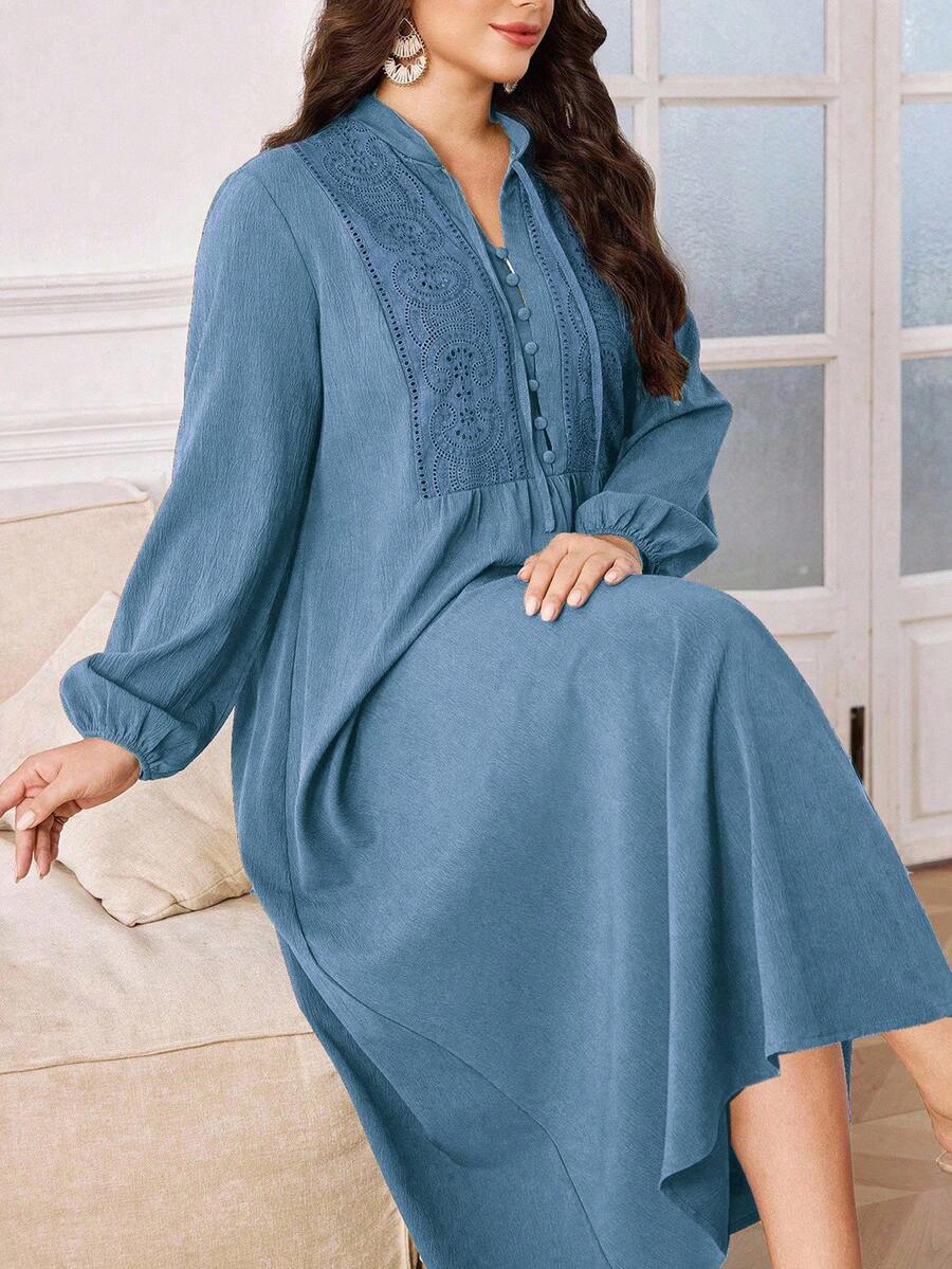 Lacomfia Plus Size Women Hollow Embroidered Button Collar Tie Waist Long Sleeve Dress - Dusty Blue - View 1