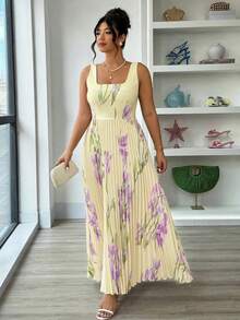 Elenzga Robe plissée imprimée violette, une robe longue sans manches avec une taille cintrée. Ce vêtement grande taille est parfait pour le printemps et l'été, convient pour les vacances, les escapades douces, les sorties décontractées et les fêtes - Multicolore - Voir 6