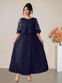 SHEIN PETITE CURVE Plus Size Women Floral Decor Patchwork Pleated Hem Dress - Navy Blue - View 5