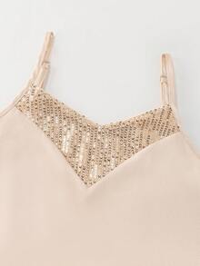 Franclia 女士性感吊带亮片拼接宽松休闲沙滩度假连衣裙 - 杏色 - 查看 3