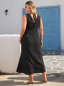 Vivid Eden Plus Size Polka Dot Print Sleeveless Casual Vacation Dress, Wrap Around Dresses For Ladies, Women's Dresses, Midi Dresses, Polka Dot Dress, Sleeveless Dress, Sleeveless Polka Dot Dress, Long Casual Dresses For Women - Black and White - View 2