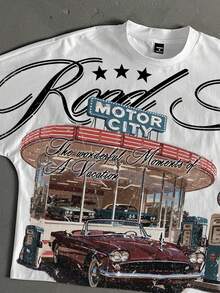 StoneGrade 复古美式汽车餐厅和加油站休闲印花宽松短袖T恤和短裤套装，时尚约会、聚会穿搭，送给男友的理想礼物 - 白色 - 查看 2