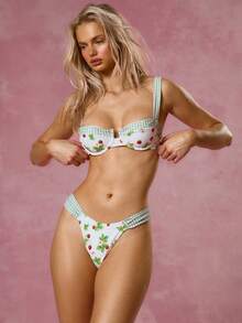 Musera Resort Strawberry Print Check Straps Bikini Bottoms Only Girly Spring Summer Vacation Holiday Cute Gingham Beachwear Occassion Strawberry Chateau - Multicolor - View 2