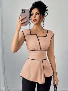 SHEIN Clasi Áo sơ mi nữ thanh lịch với viền tương phản ở eo, thích hợp cho mùa hè. - Bụi hồng - Xem 3