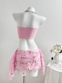 Elamini Bộ đồ nữ mùa hè giản dị, thoải mái gồm áo quây hở lưng màu hồng họa tiết sóng, chất liệu jacquard, viền tua rua và chân váy bất đối xứng bằng lưới thêu tua rua, thích hợp cho kỳ nghỉ biển, tiệc tùng thường ngày và mùa cưới. - Hồng - Xem 2