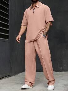 Manfinity Homme Plus Size Men's Solid Color Short Sleeve Polo Shirt And Pants Set - Pink - View 4