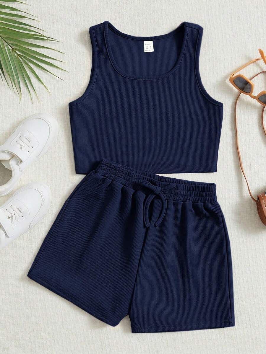 SHEIN Tween Girls' Solid Color Tank Top And Shorts Set, Cute And Casual - Navy Blue - View 1