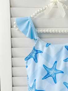 女童（小号）连体泳衣，蓝色波浪海星图案，搭配荷叶边和蓝色网纱裙，两件套，适合海滩、游泳池、度假穿着。 - 彩色 - 查看 7