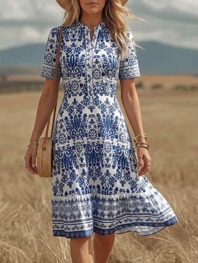 Wildy Vestido de estilo bohemio y boho de porcelana azul y blanca de largo medio, atuendos de vacaciones de verano para mujeres, atuendos de maestras, ropa boho para mujeres