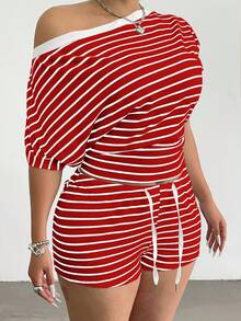 Flirla Plus Size Striped Off-Shoulder Sexy Top & Drawstring Casual Shorts Set For Women - Multicolor - View 3
