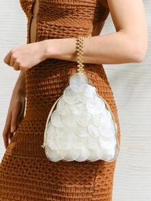 SHECARRY Bolsos de mano para mujer, de moda, elegantes, sencillos, personalizados, versátiles, con piezas de concha y asas de metal, para la playa, vacaciones, días festivos, verano - Arroz - Ver 2