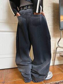 PAVTROS 男士街头时尚休闲多口袋拼接褶裥阔腿黑色牛仔裤 - 黑色 - 查看 5