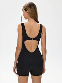 SHEIN 女士黑色无袖连体裤，U领露背交叉设计，适合日常休闲穿着、跑步、瑜伽、健身、网球、高尔夫等运动，百搭时尚 - 黑色 - 查看 2