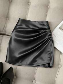 Franclia Fashionable New Glossy Asymmetrical Hem High Waist Slim Fit Pleated Bodycon Skirt, Spring/Summer - Black - View 1