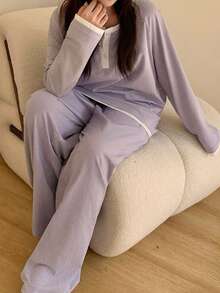 Dazy Plus Plus Size Contrast Trim Long Sleeve Top And Pants Pajama Set - Purple - View 2