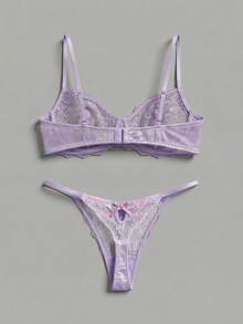 Conjunto de lencería de malla transparente con bordado floral en rosa, con sujetador con aros y tanga a juego, sexy y elegante - Púrpura malva - Ver 8