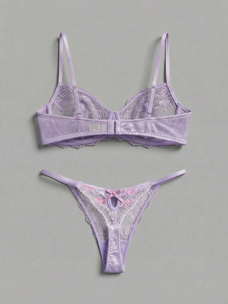 Lilac Floral Embroidered Sheer Mesh Lingerie Set With Underwired Bra And Matching Thong Sexy Chic