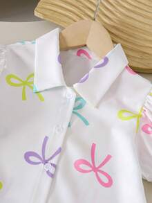 SHEIN Genkimix Kids 女童蝴蝶結印花泡泡袖上衣與長褲休閒兩件套 - 粉色 - 查看 3