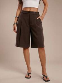 SHEIN Forever 21 女士休闲纯色工装口袋百慕大短裤 - 棕色 - 查看 5