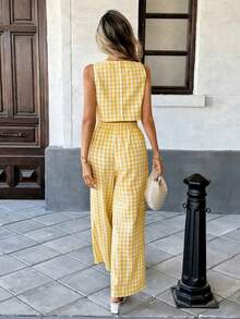 Pariaura Plaid Sleeveless Top And Pants Set, Casual Summer Outfit - Yellow - View 2