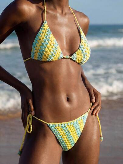 Maija 女士夏季沙滩撞色露背系带性感比基尼泳衣套装