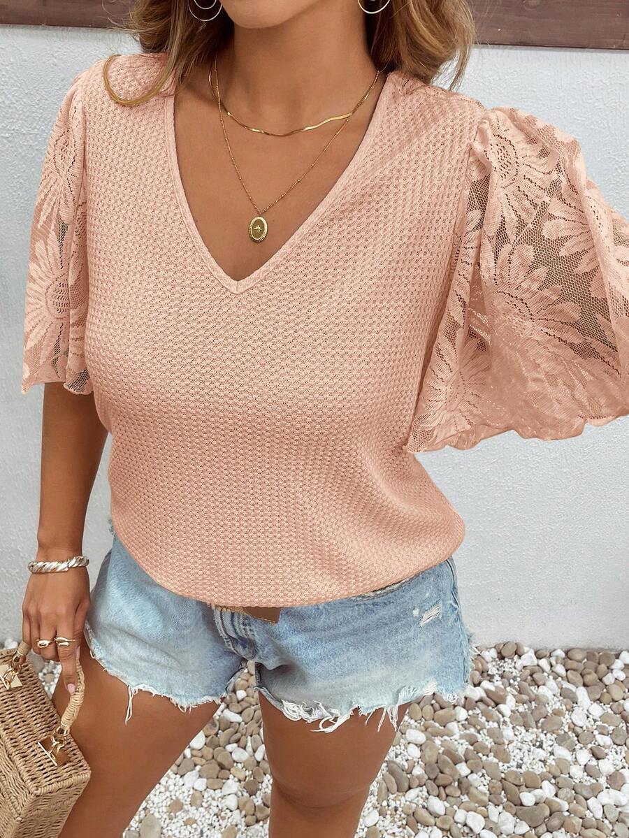 Reflora Plus Size Elegant Waffle Knit Patchwork Ruffle Sleeve T-Shirt - Coral Orange - View 1