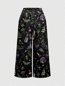 ROMWE Goth 哥特式暗黑森林魔法学院暗日月星神秘之星女士阔腿裤 - 黑色 - 查看 2