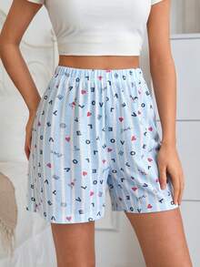 SHEIN 2 Pcs Multipack Love Stripe Heart Pink And Blue Patterned Elastic Waist Comfort Relaxed Casual Sleep Shorts 2 Pcs Set - Multicolor - View 5